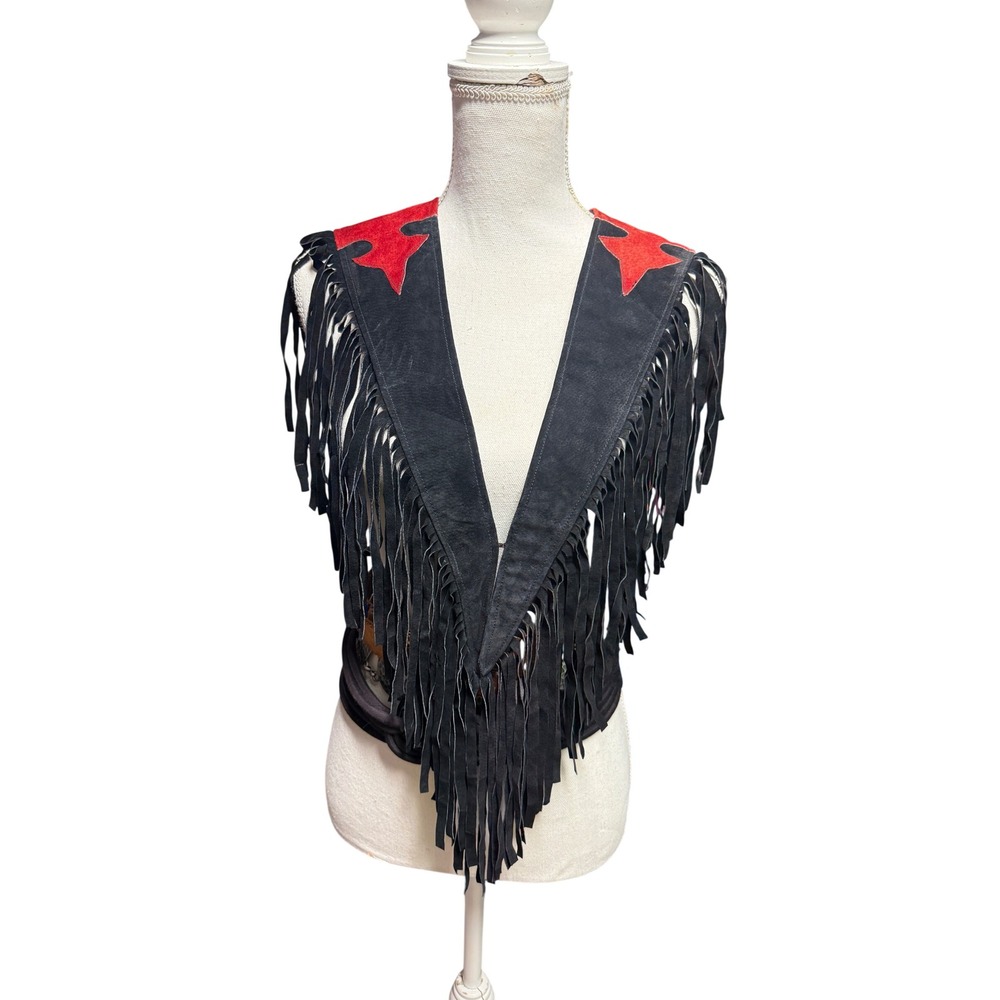 Vintage Western Black Suede Fringe Vest Red Star Applique Boho Cropped Bolero